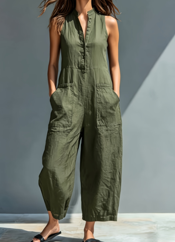 Linen Lantern Crop Jumpsuit Stand Collar Summer Romper