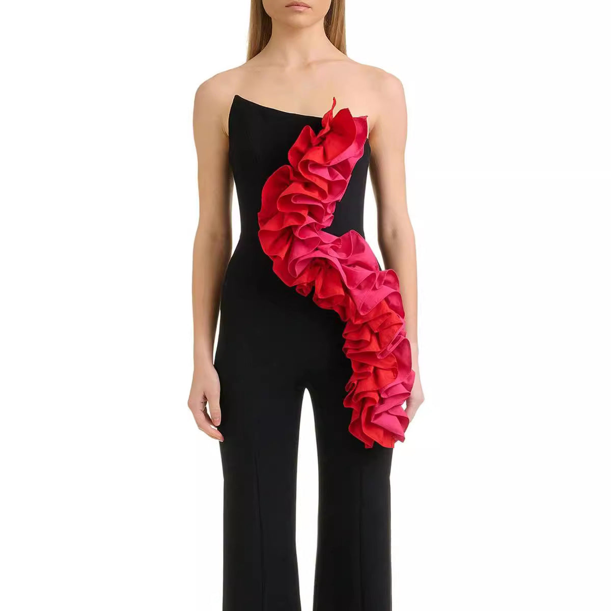 Bandage Fashion Tube Top Red Applique Wide Leg Jumpsuit