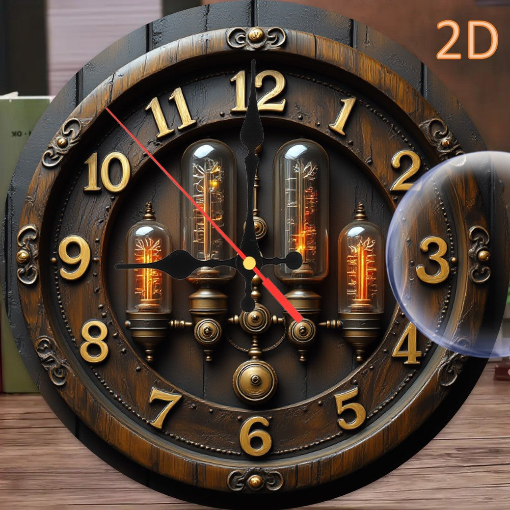 14 Inch Vintage Dark Wood Steampunk Wall Clock with Roman Numerals & Glass Tube Details - Silent Quartz Movement, Battery Operated (AA Not Included) - Industrial Home Decor for Living Room, Office, Study, Wall Clock Living Room