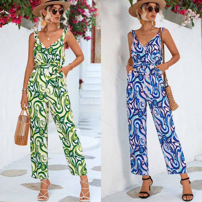 Chic Lotus Print Sleeveless Jumpsuit for Women
