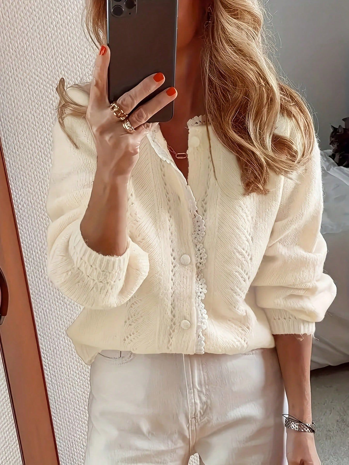 Womens Autumn Winter Lace-trim Knitted Cardigan