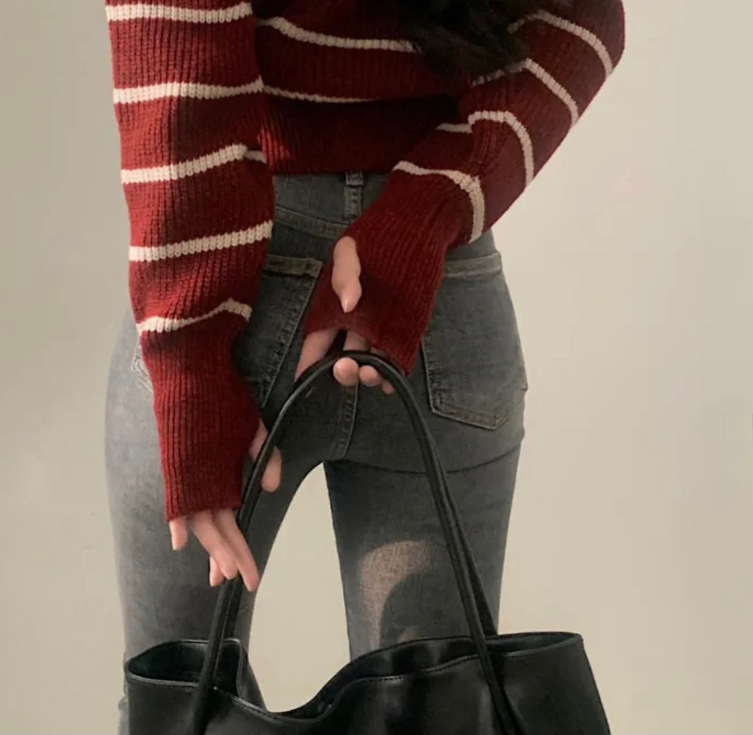 Autumn and Winter Contrast Color Striped Crew Neck Pullover Sweater