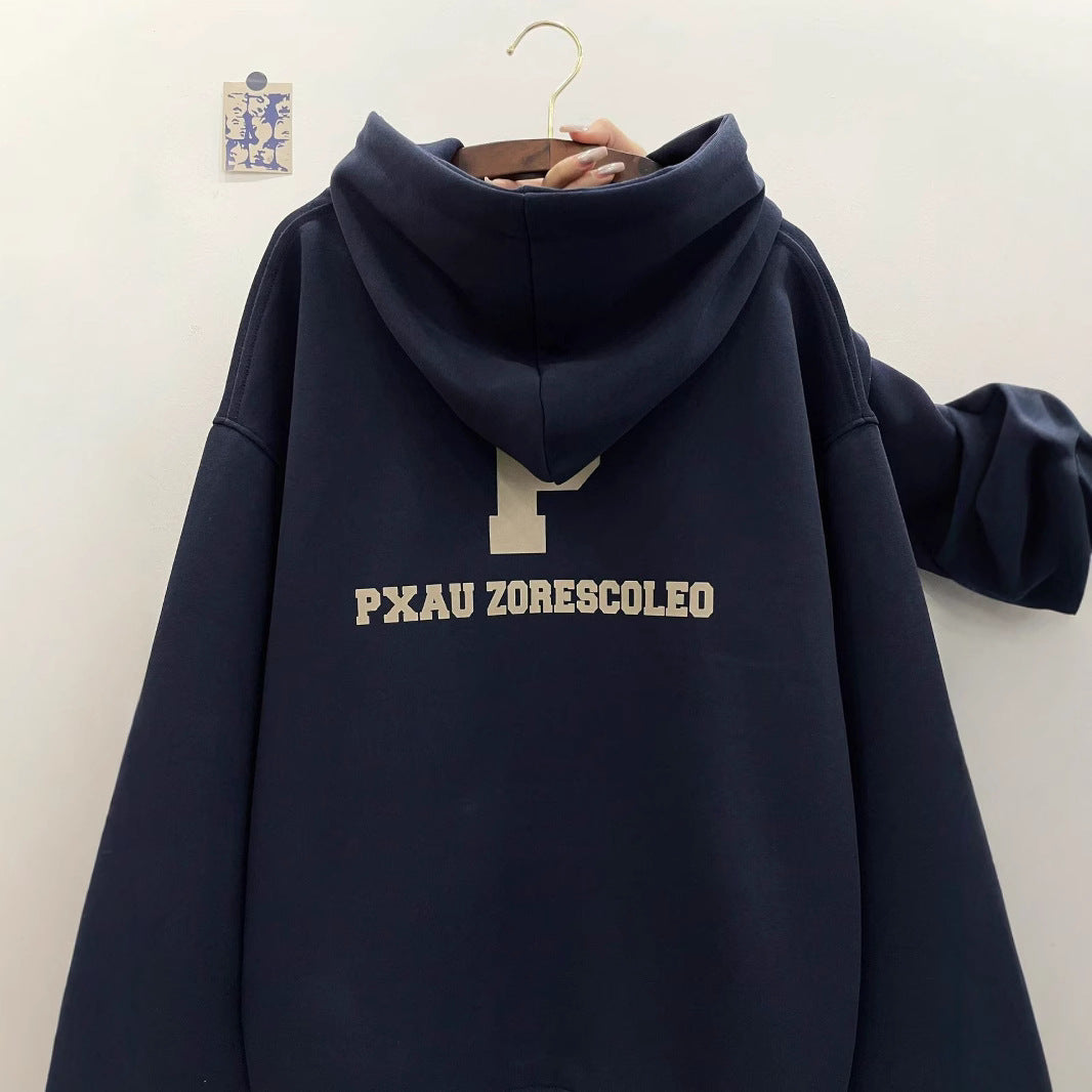 American Retro Navy Blue Hooded Sweater For Women