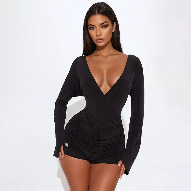 Sexy Deep V-Neck Slim-Fit Flared Winter Jumpsuit