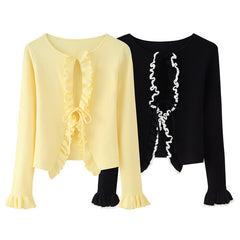 Spring and Autumn Solid Color Two-color Lace Stitching Long Sleeve Tied Knitted Cardigan