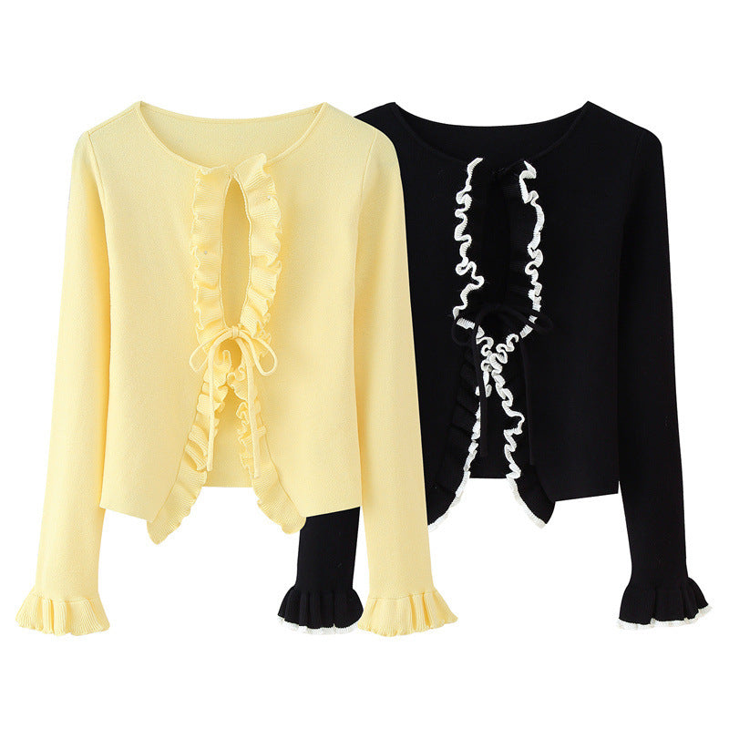 Spring and Autumn Solid Color Two-color Lace Stitching Long Sleeve Tied Knitted Cardigan