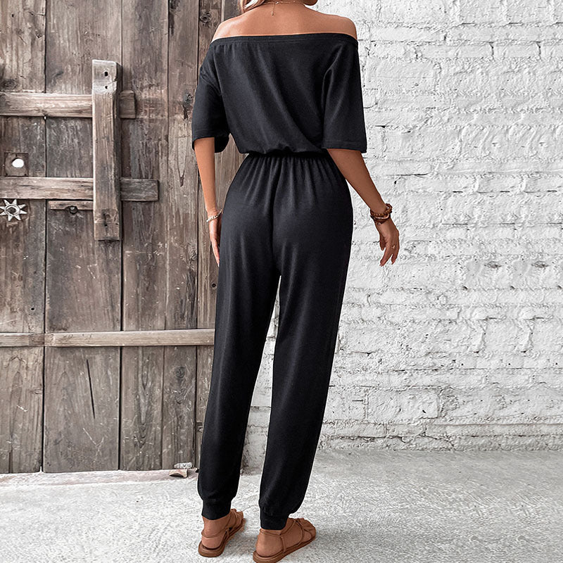 Women's One-shoulder Off-the-shoulder Cropped Slim-fit Black Jumpsuit