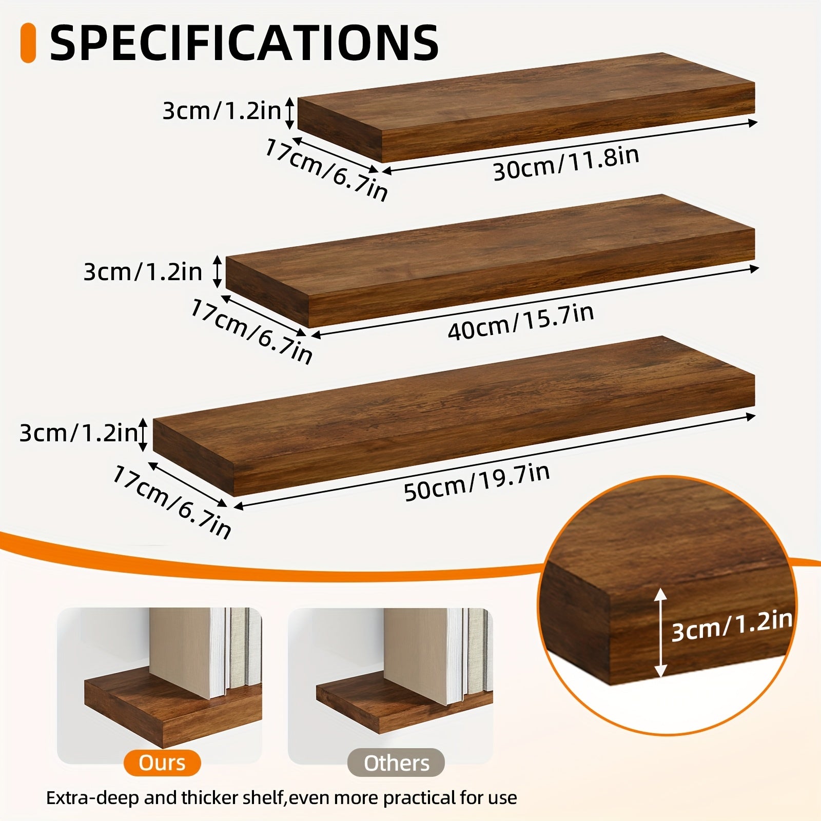 Set of wooden floating shelves for wall-mounted storage