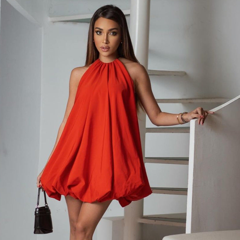 Solid-color Halter-neck Sleeveless Slim-fit Mini Dress for Women