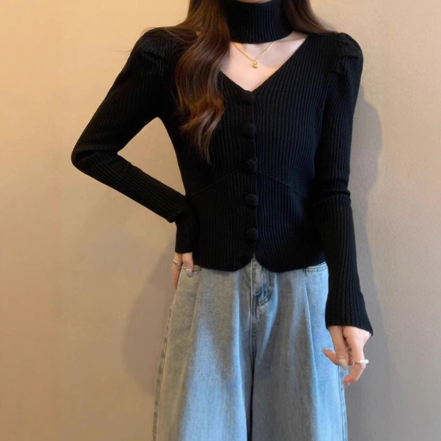 V-neck Puff-sleeve Knit Camisole Halter Top
