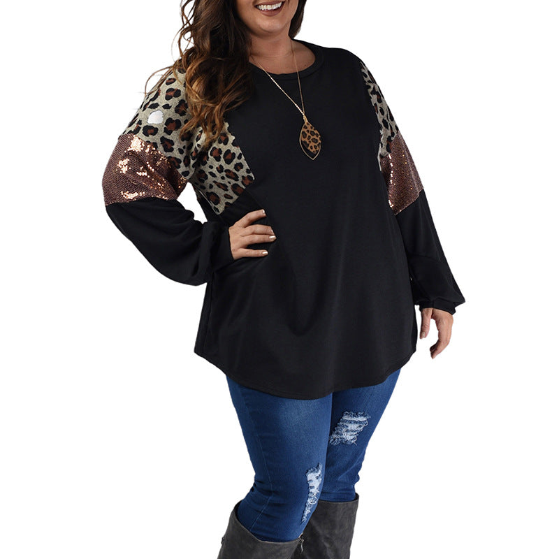 Leopard Print Long Sleeve Sequin Pullover Sweatshirt