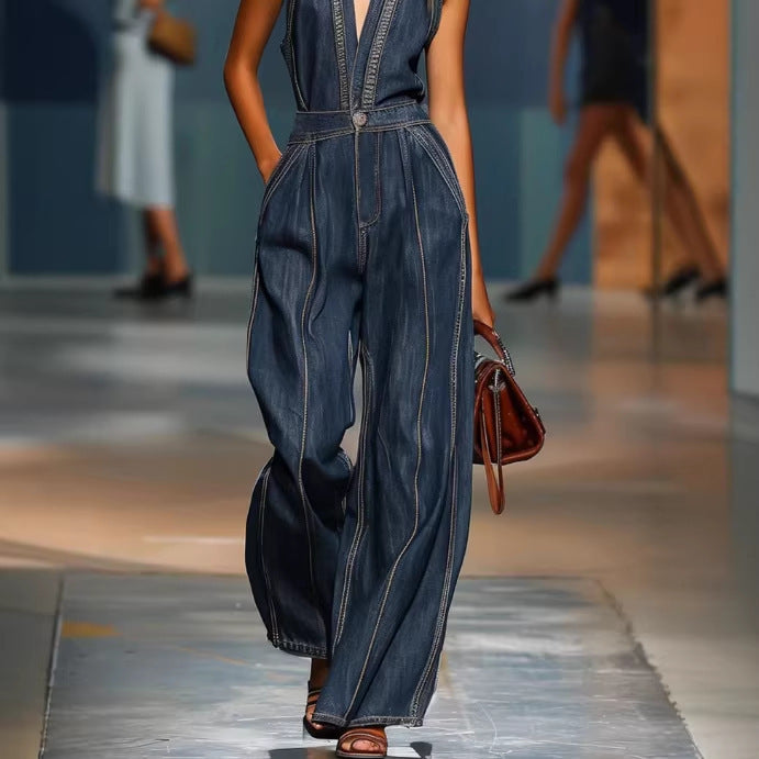 Retro Sleeveless Wide-Leg Denim Jumpsuit
