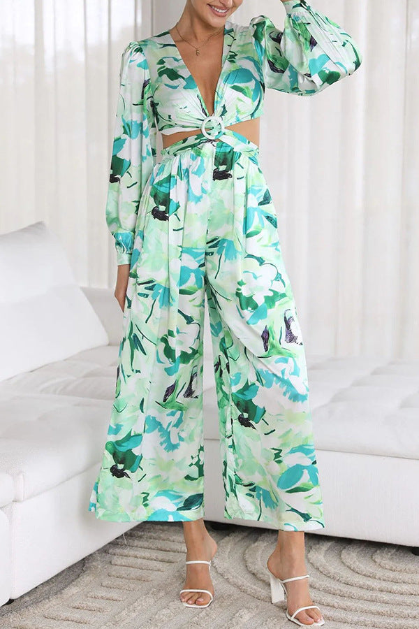 Women's Casual Backless Print Jumpsuit