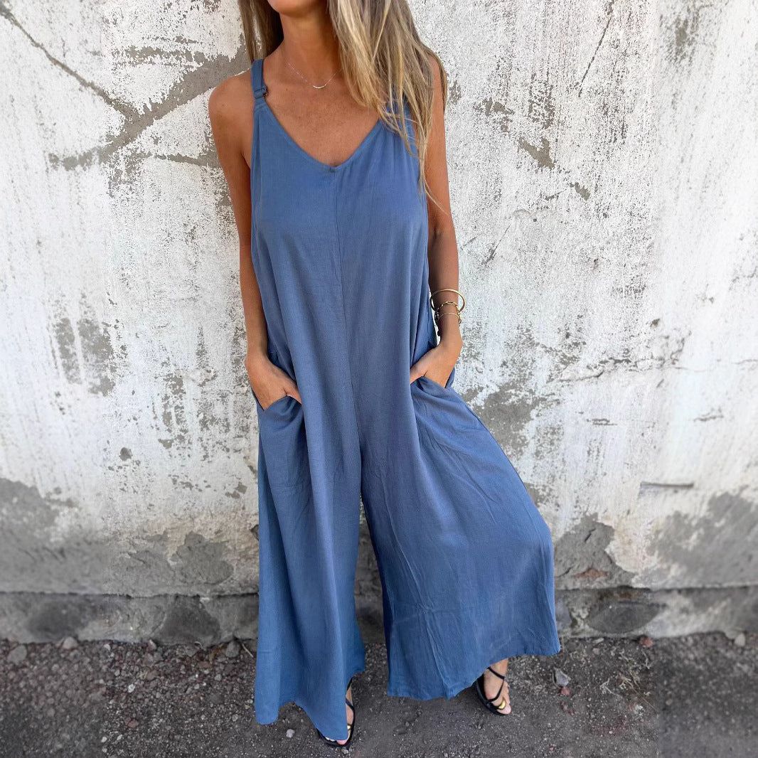 Loose-fitting Casual Cotton-linen Tank Jumpsuit With Patch Pockets