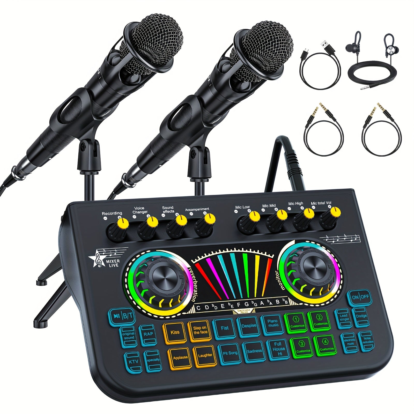 Professional Podcast DJ Equipment Bundle – Live Sound Card Audio Mixer, Microphone Stand and Full Studio Setup for PC, Phone, Gaming and Karaoke (Includes 2 Microphones)