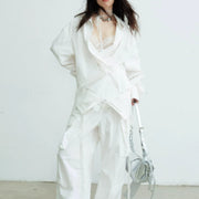 Lace-Panel Pure And Alluring White Loose-Fitting Long-Sleeve White Shirt