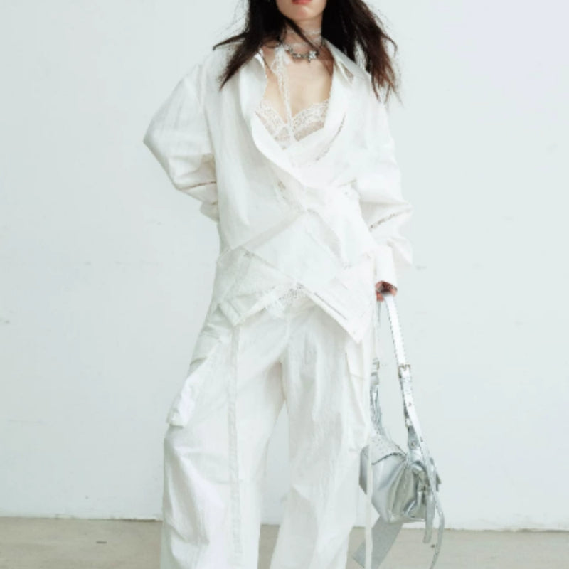 Lace-Panel Pure And Alluring White Loose-Fitting Long-Sleeve White Shirt