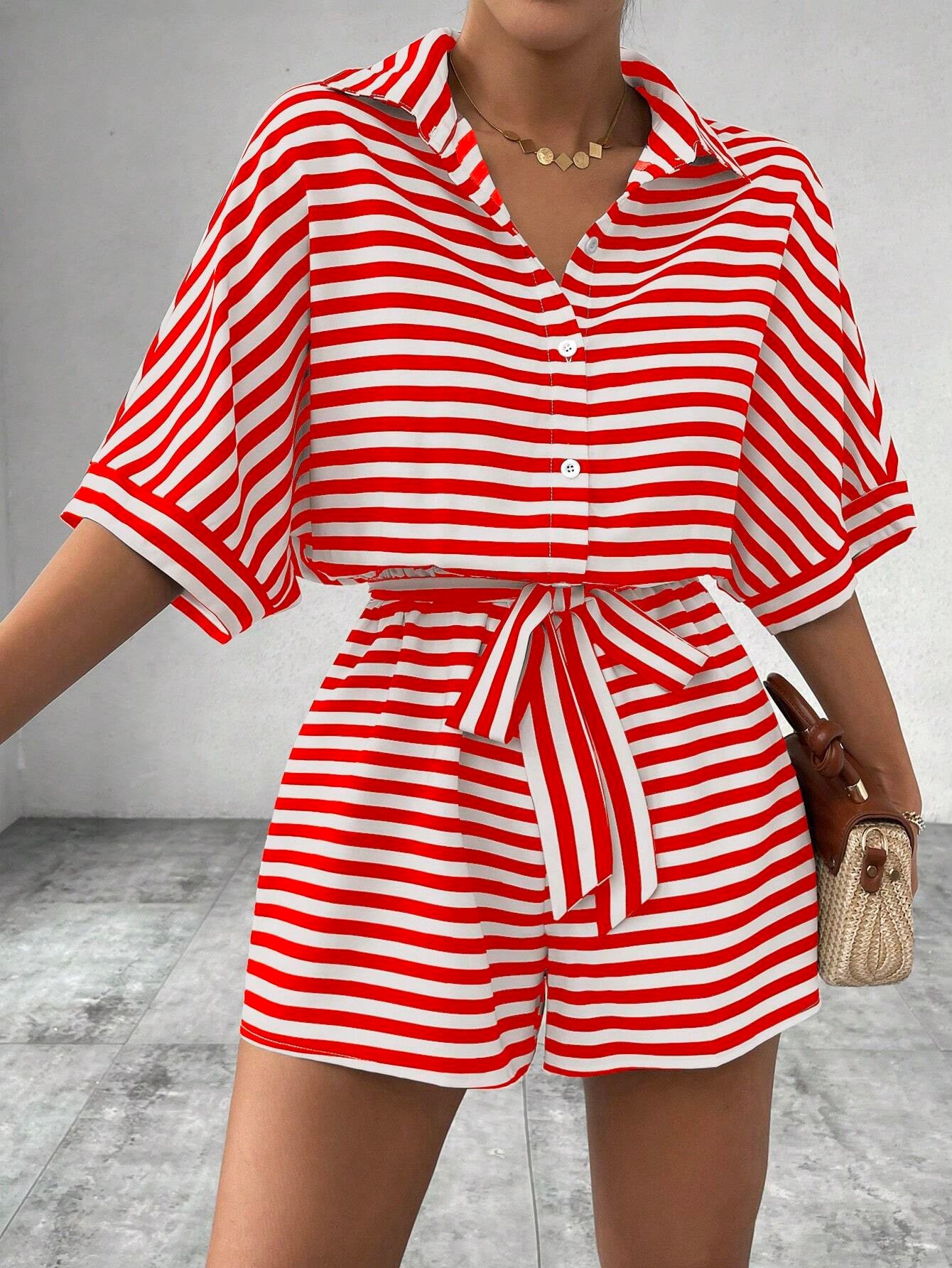 Summer Striped Lapel Belted Jumpsuit