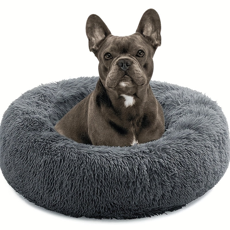 28-Inch Round Calming Dog Bed For Medium Dogs Up To 35 Lbs - Plush Faux Fur Anti-Slip Donut Pet Bed With Washable Cover, Dark Gray - Orthopedic Support & Durable Polyester Bed For Indoor/Outdoor Us...