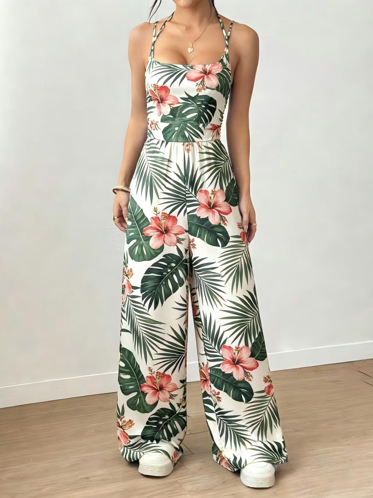 Women's Leopard-Print Strappy Wide-Leg Jumpsuit