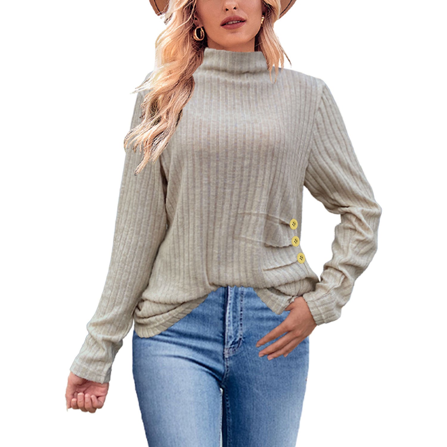 Chic Ribbed Turtleneck Sweater with Side Buttons