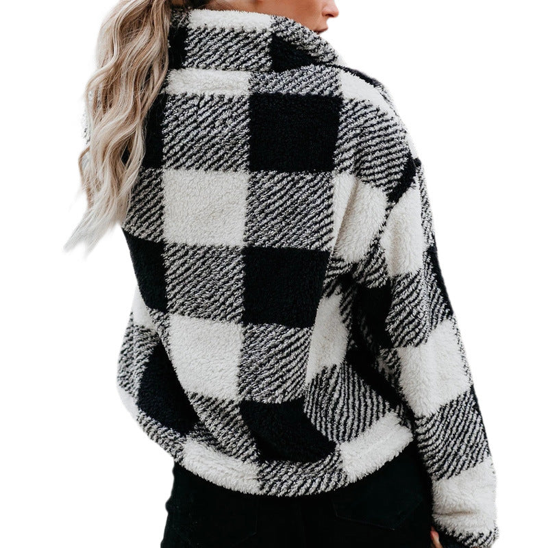 Women's Thickened Plaid Stand Collar Zipper Sweatshirt