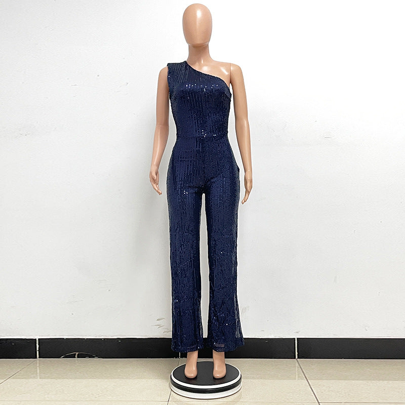 Glamorous One-Shoulder Sequined Wide-Leg Jumpsuit