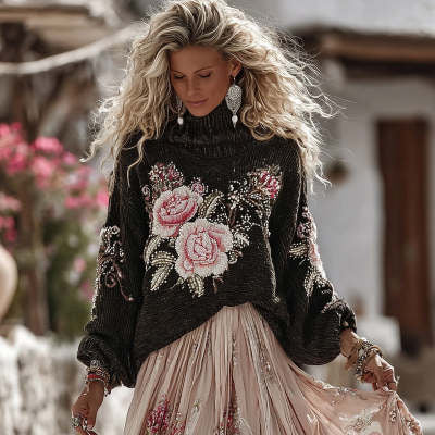 Relaxed Loose-fitting V-neck Pullover with Heavy-duty Print High-end Style