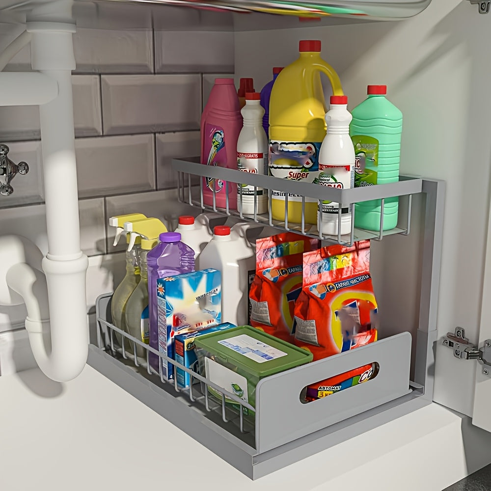 Two-Level Organizers for Under The Sink, Featuring a Sliding Pull-Out Shelf Made of Metal, Ideal for Organizing Kitchen, Bathroom, Pantry, Or Closet Spaces , Under Sink Bathroom Cabinet, Under...