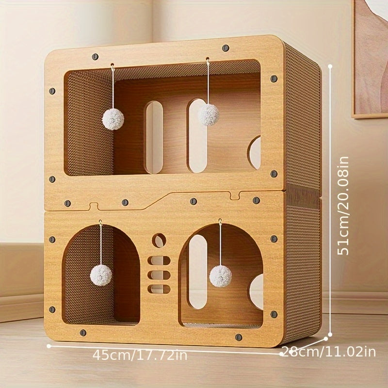 Spacious Cat House for Indoor & Outdoor Use - Multi-Feature Condo with Dual Scratching Boards, Plush Balls, and Ventilation Doors, Ideal for Cats
