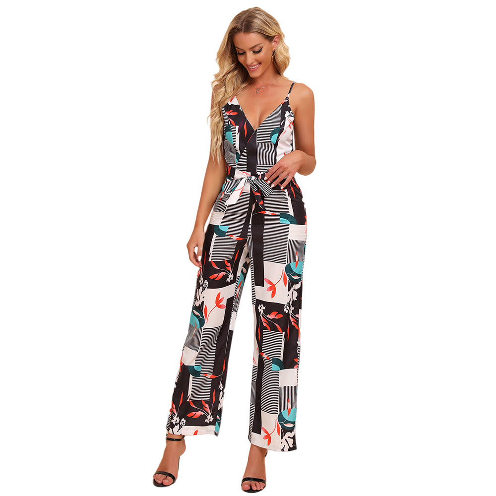 Printed Backless Deep V-Neck Jumpsuit