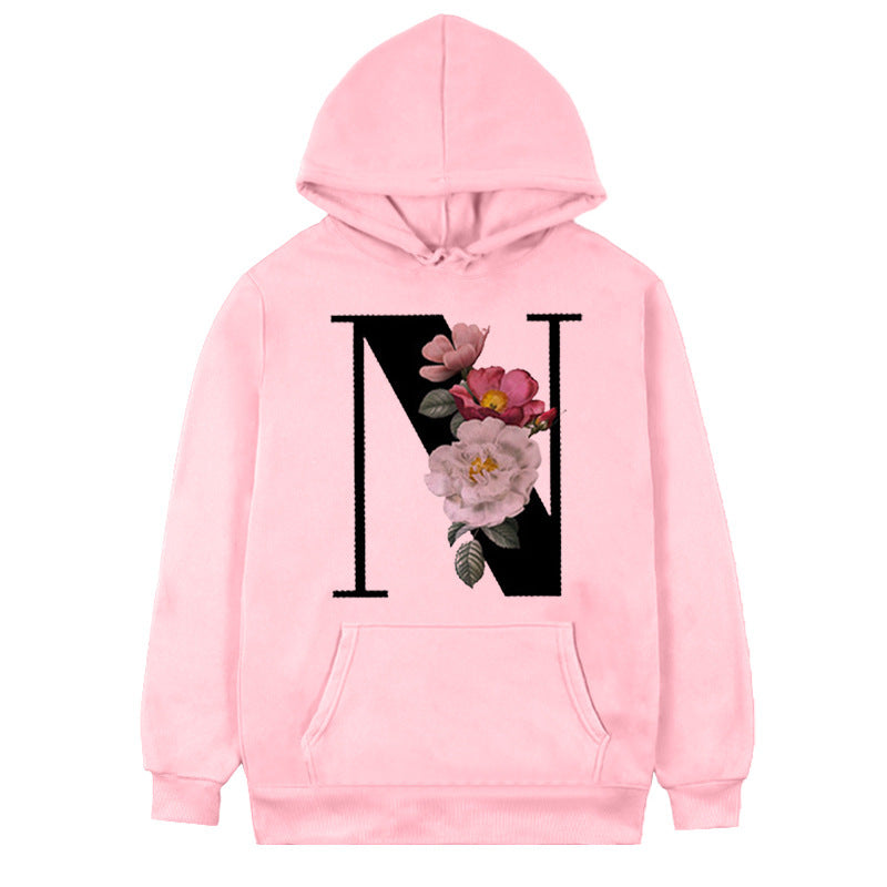 Women's 26-letter Flowers Printed Fleece Hoodie