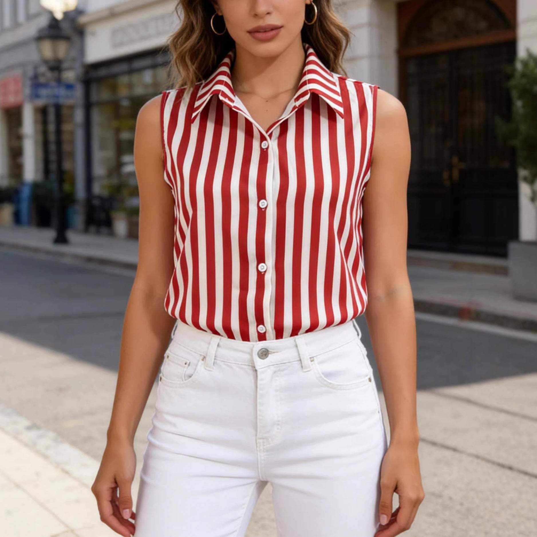 Red Retro Striped Sleeveless Polo Top – Trendy & Comfortable