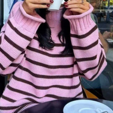 Stripe Warm Knitted Pullover Elegant Round Neck Long Sleeve Loose Sweater