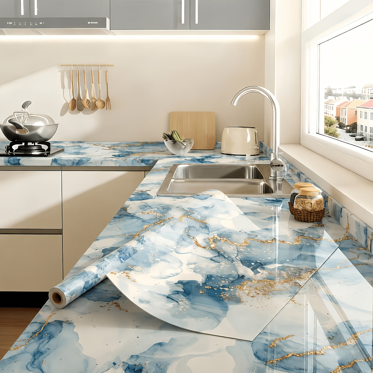 Self-adhesive imitation marble wall stickers for quick room refresh
