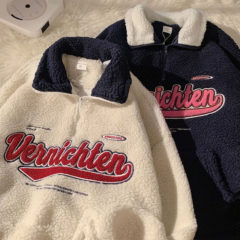 Cozy Retro Half-Zip Lambswool Hoodie with Embroidery