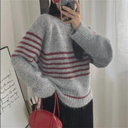 Autumn and Winter Korean Retro Contrast Color Stripes Idle Style Crew Neck Pullover Sweater