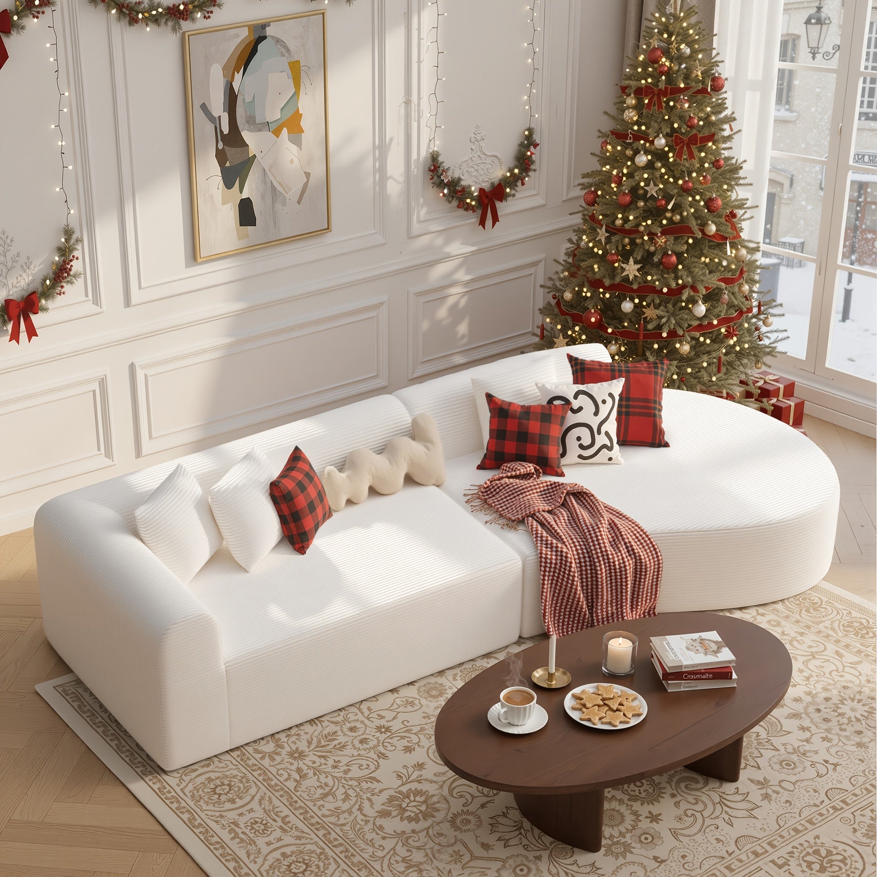 Modular L-shaped chaise longue sofa bed with deep seat and corduroy upholstery