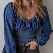 Women's V-neck Denim Long-sleeved Tops