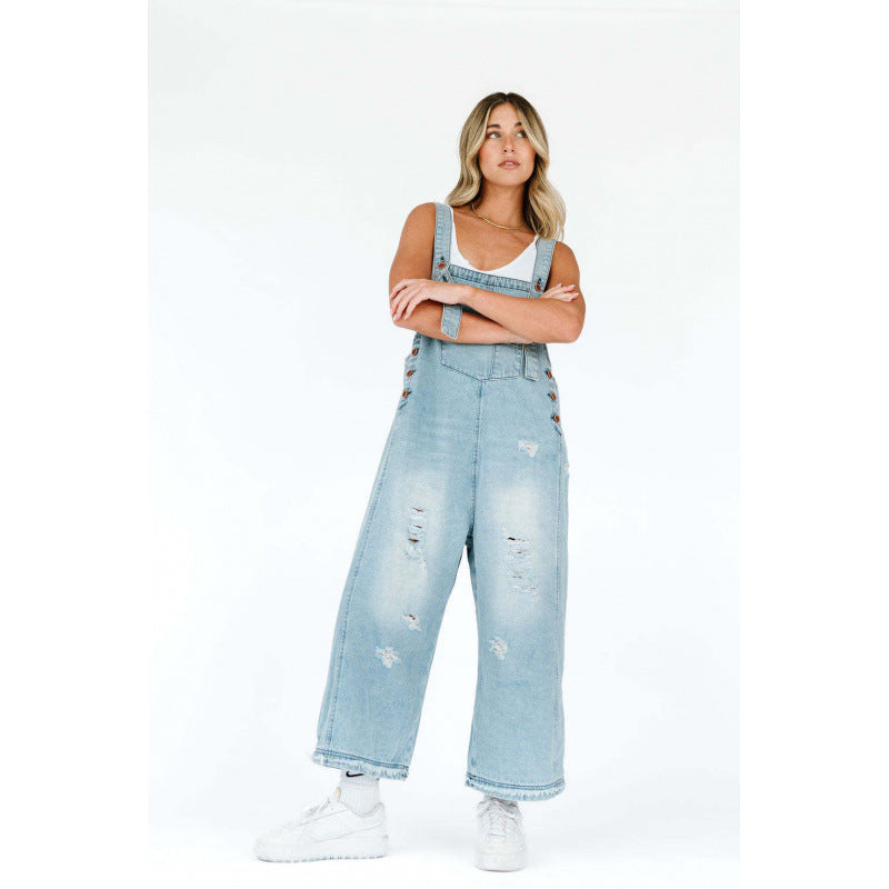 Vintage Distressed Wide-Leg Denim Suspender Pants
