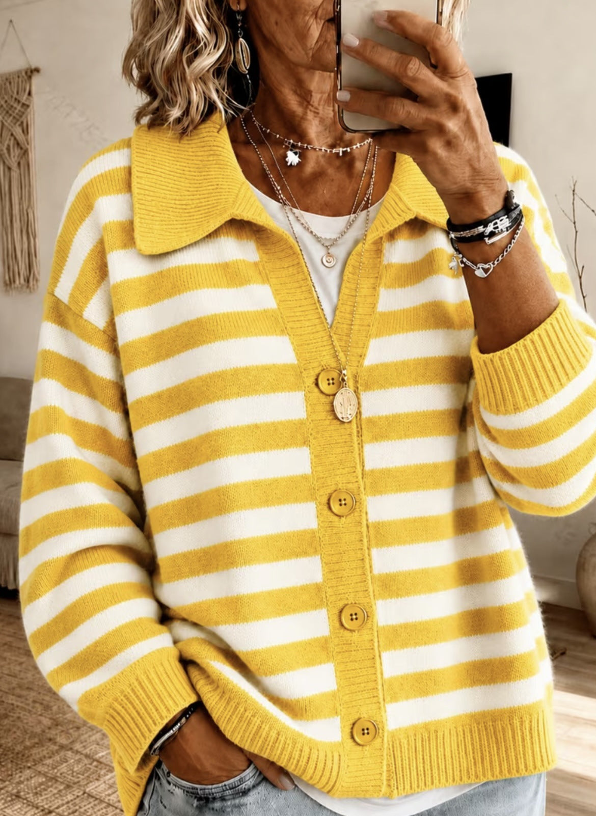Womens Fashion Striped Lapel Knitted Jacket