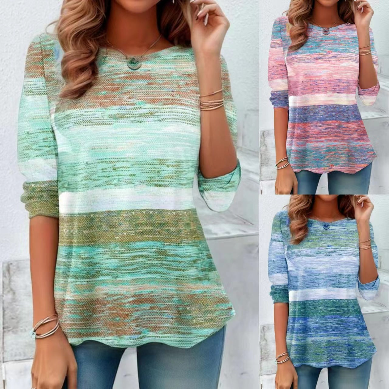 Casual Round Neck Striped Tie-Dye Long Sleeve Top