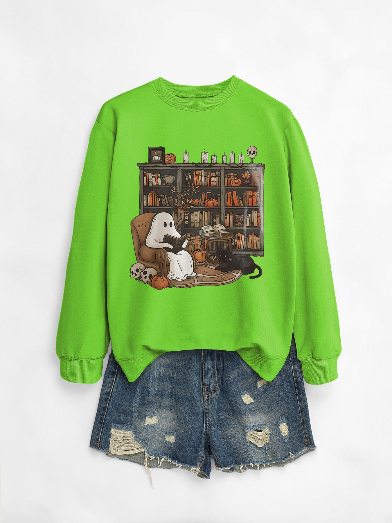 Cozy Black Cat Bookshelf Halloween Sweatshirt
