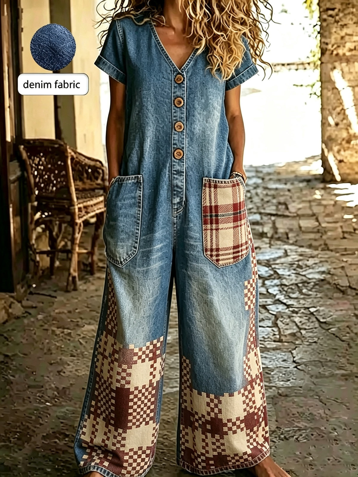 Casual Denim Short-Sleeve Wide-Leg Jumpsuit with Pockets