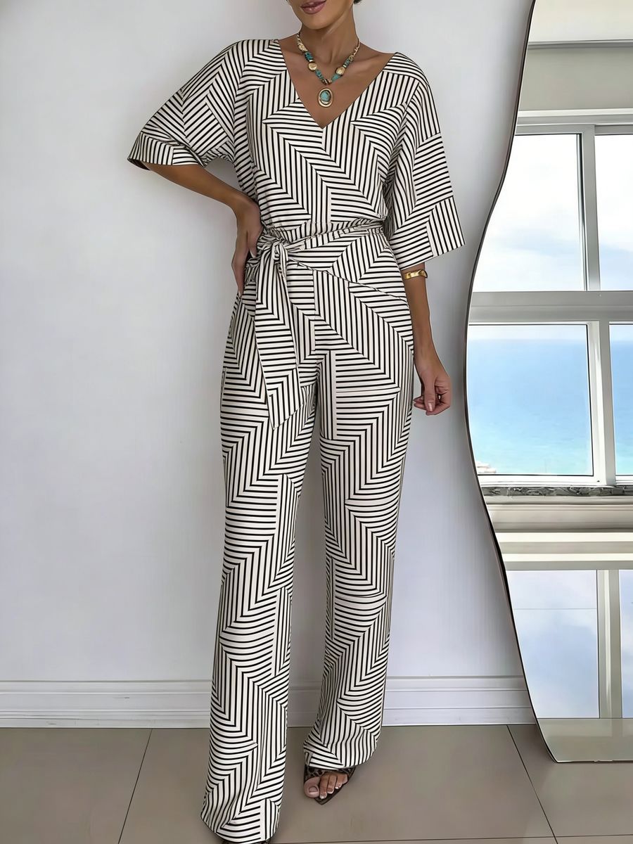 Womens V-neck Casual Mid-length Sleeve Belted Jumpsuit