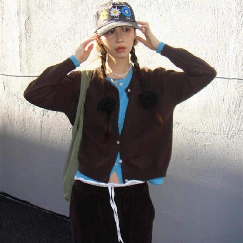 Blue & Brown Retro Colorblock Long-Sleeve Top – Cozy & Stylish