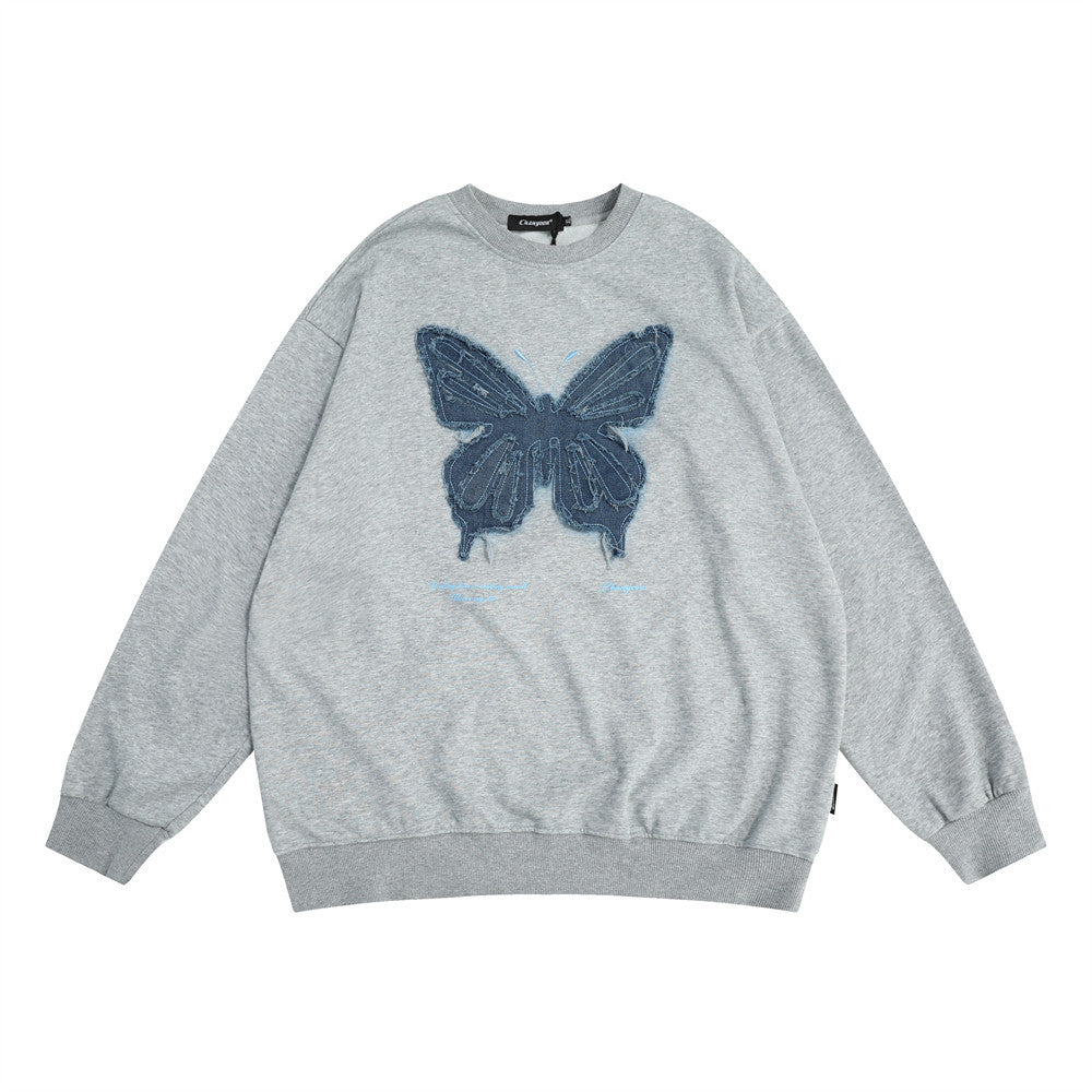 Chic Denim Butterfly Patch Loose Streetwear Sweater