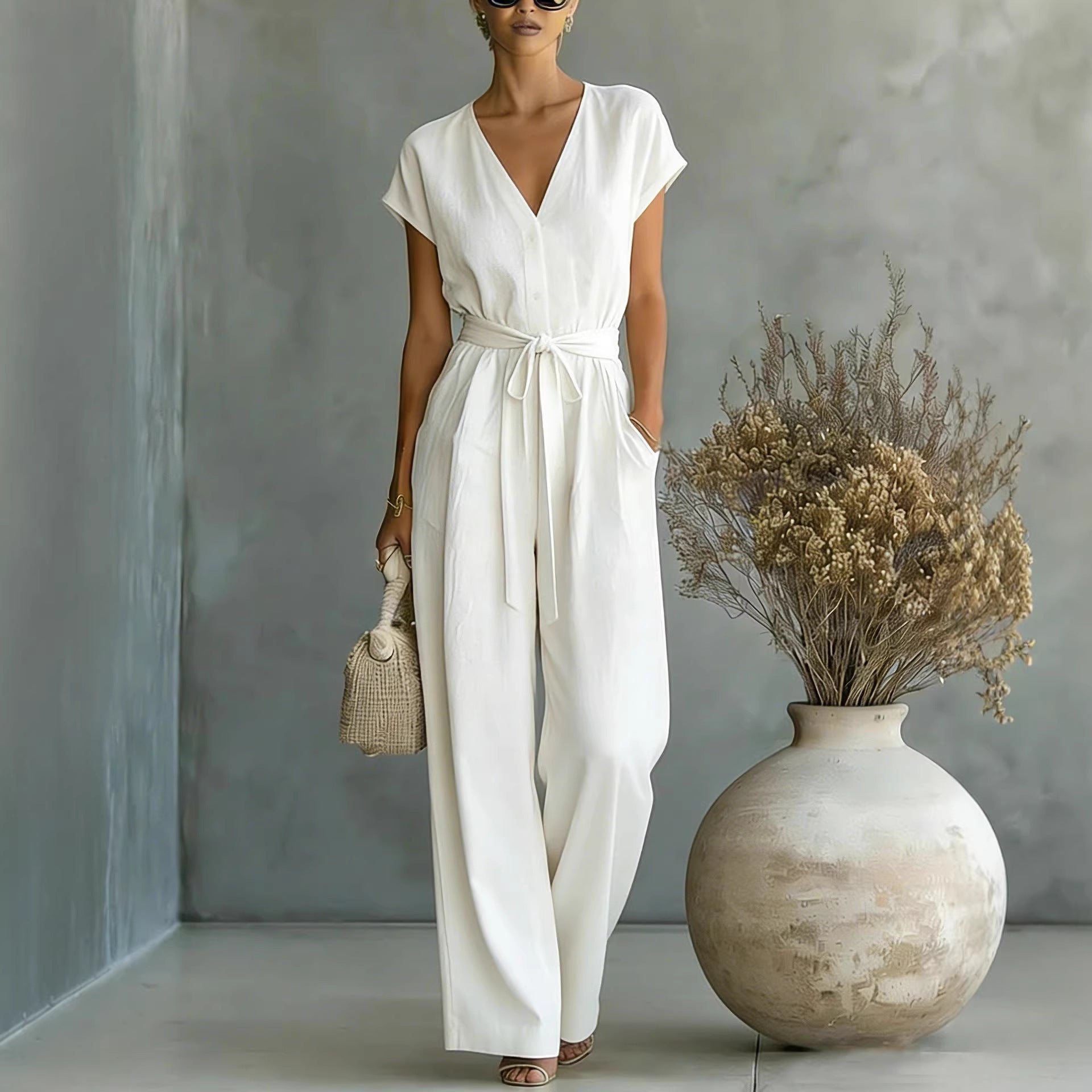 Elegant V-Neck Belted Button-Front Jumpsuit