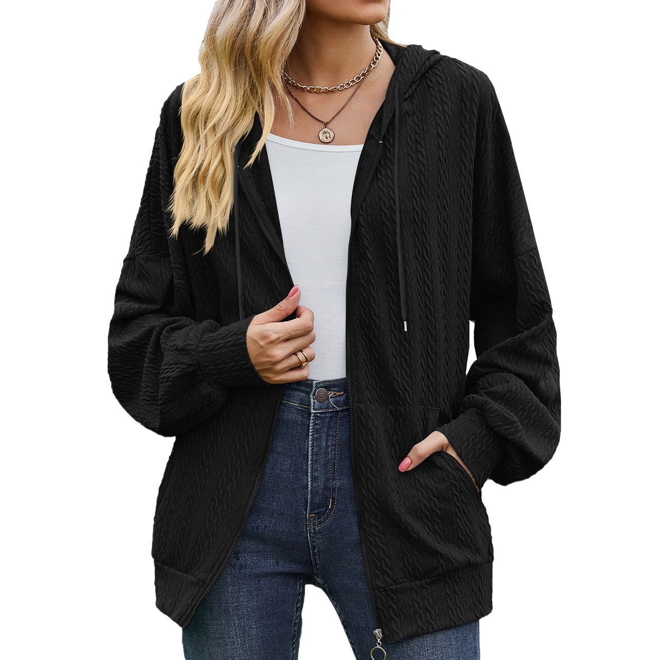 Women's V-Neck Zip-Up Loose Casual Sweater Coat