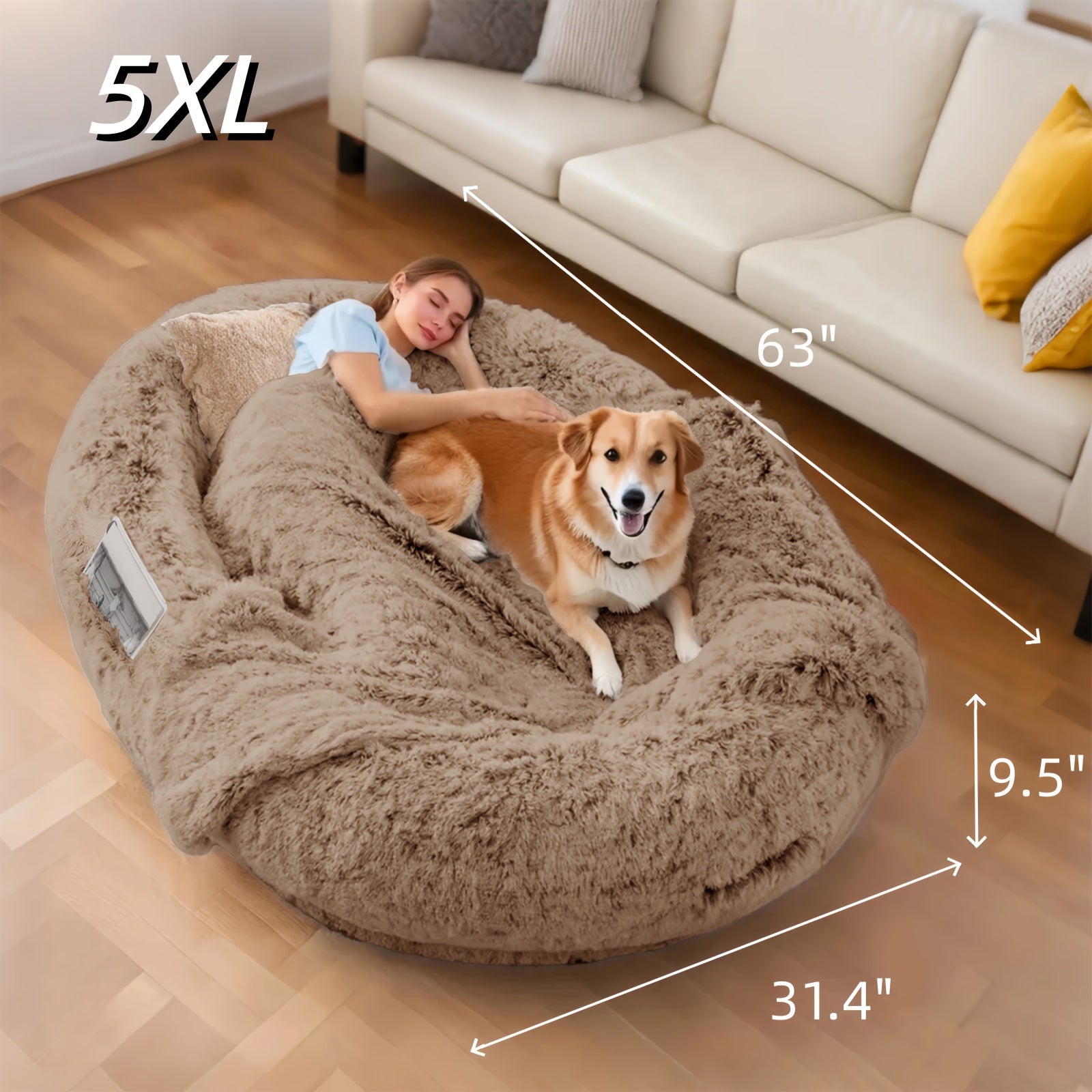 Oversized 71x45x12 Human Dog Bed - Orthopedic Washable Faux Fur Pet Bed With Plump Pillows & Blanket-like Strap, Grey Oval Bed For People & Puppies (all Dog Sizes) - Convertible Couch-like Napping